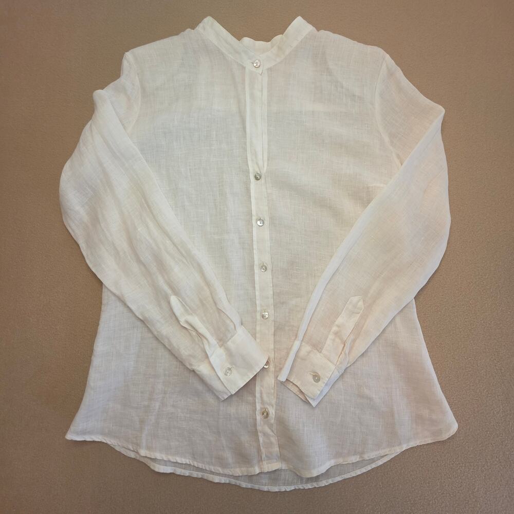 120% Lino Italian Linen Mandarin/Band Collar Blouse Shirt Cream Sz Medium/Large